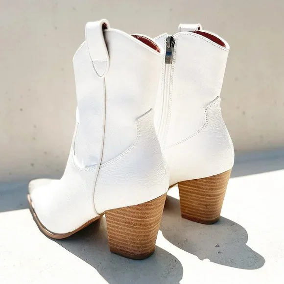 NEW White PU Leather Metal Cap Toe Block Heel Cowgirl Cowboy Western Ankle Boots - Picture 12 of 16